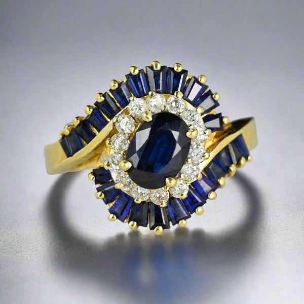 Vintage 14K Gold Bypass Diamond Baguette Sapphire Ring - Boylerpf