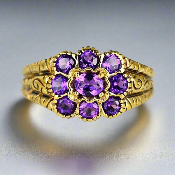 Wide Gold Engraved Band Floral Cluster Amethyst Ring - Boylerpf