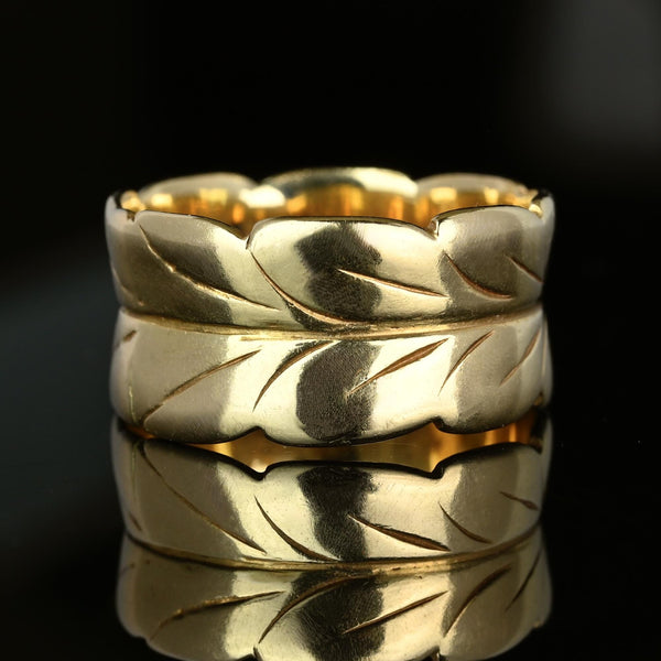 Antique Engraved Leaf Wide 14K Gold Band Ring - Boylerpf