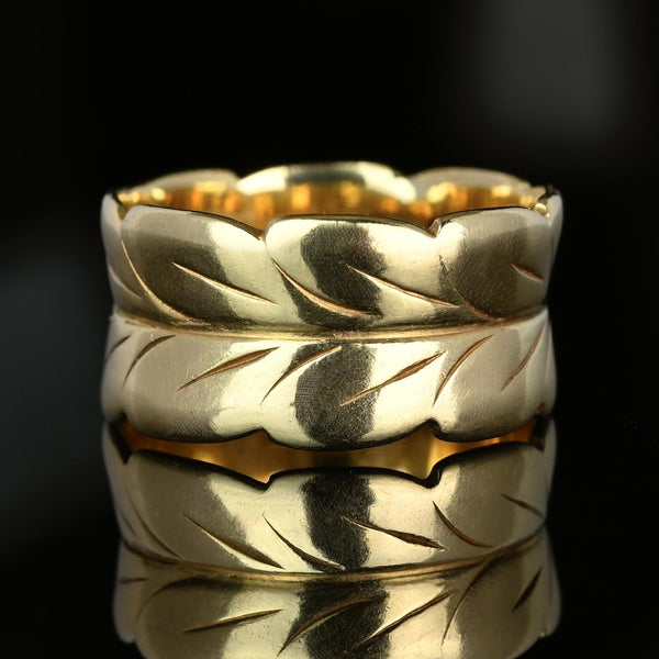 Antique Engraved Leaf Wide 14K Gold Band Ring - Boylerpf