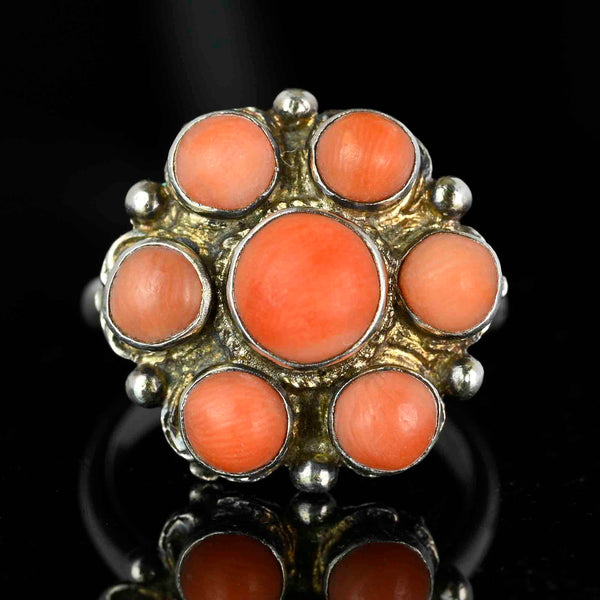 Arts & Crafts Sterling Silver Coral Cabochon Ring - Boylerpf