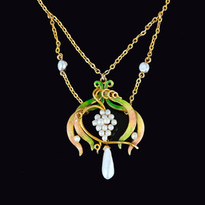 Pearl & Enamel Gold Antique Art Nouveau Necklace - Boylerpf