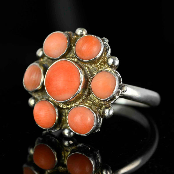 Arts & Crafts Sterling Silver Coral Cabochon Ring - Boylerpf