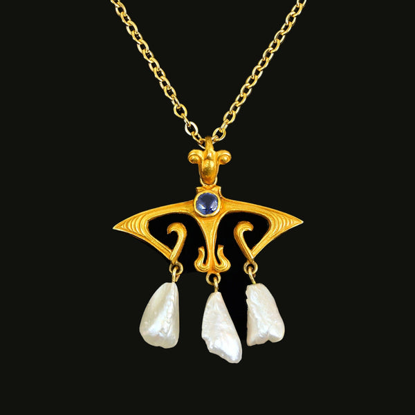 Art Nouveau 14K Gold Pearl and Sapphire Lavaliére Pendant - Boylerpf