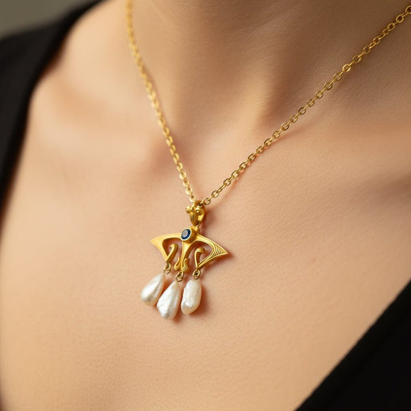 Art Nouveau 14K Gold Pearl and Sapphire Lavaliére Pendant - Boylerpf