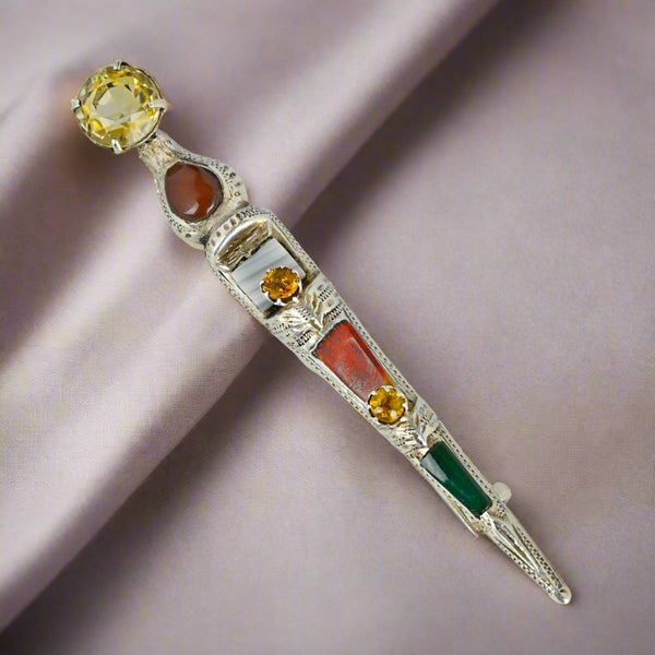 Antique Silver Scottish Agate Cairngorm Citrine Dirk Brooch - Boylerpf