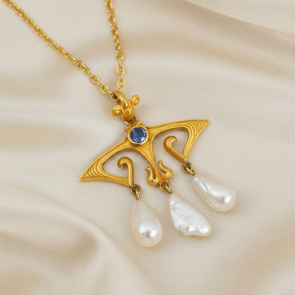Art Nouveau 14K Gold Pearl and Sapphire Lavaliére Pendant - Boylerpf