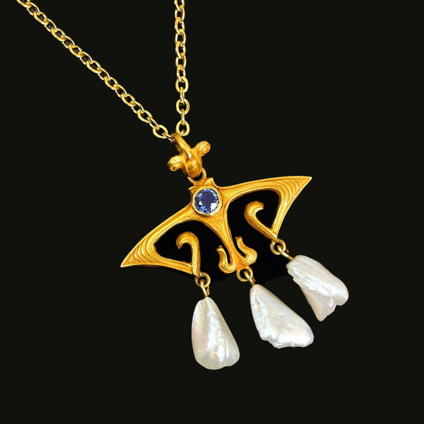 Art Nouveau 14K Gold Pearl and Sapphire Lavaliére Pendant - Boylerpf