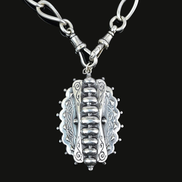 Antique Victorian Sterling Silver Large Embossed Pendant - Boylerpf