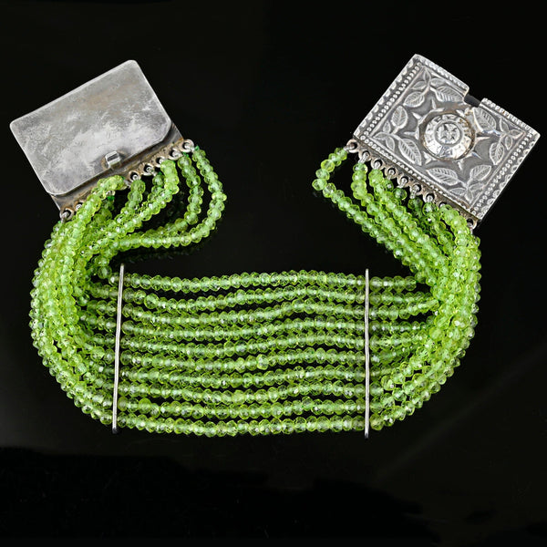 Wide Arts & Crafts Silver Clasp Multi Strand Peridot Beaded Bracelet - Boylerpf