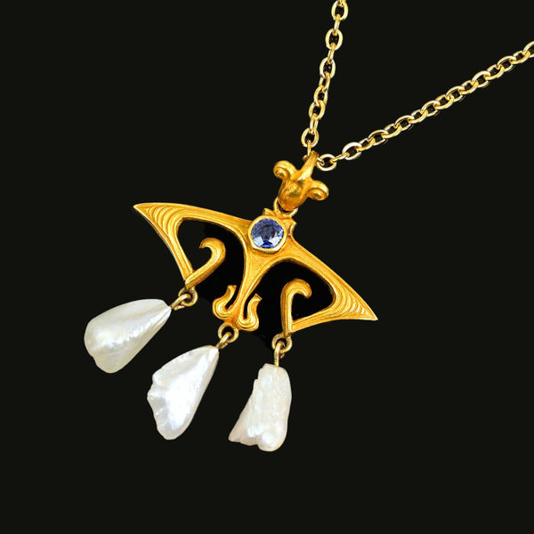 Art Nouveau 14K Gold Pearl and Sapphire Lavaliére Pendant - Boylerpf