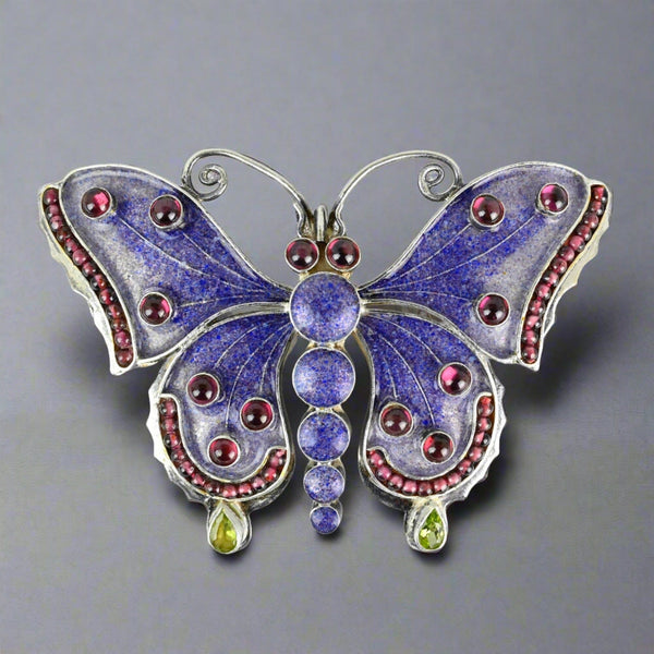 Silver Garnet Cabochon Peridot Enamel Butterfly Brooch - Boylerpf