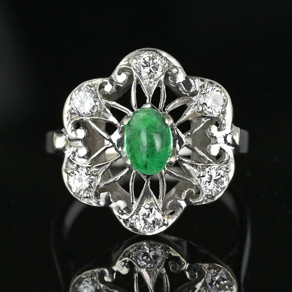 Art Deco 14K White Gold Emerald Cabochon Diamond Ring - Boylerpf