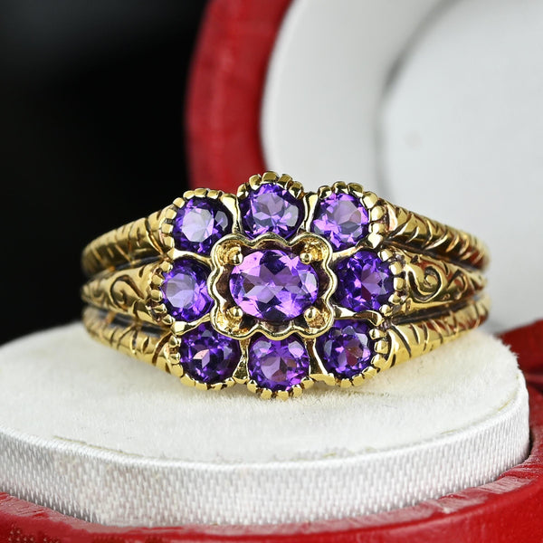 Wide Gold Engraved Band Floral Cluster Amethyst Ring - Boylerpf