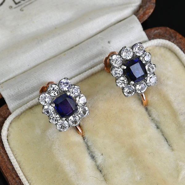 Antique Victorian Sapphire Halo Screw Back Earrings