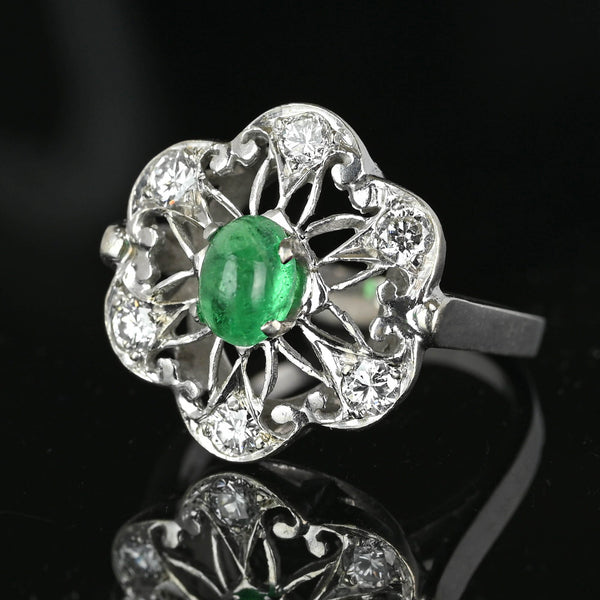 Art Deco 14K White Gold Emerald Cabochon Diamond Ring - Boylerpf