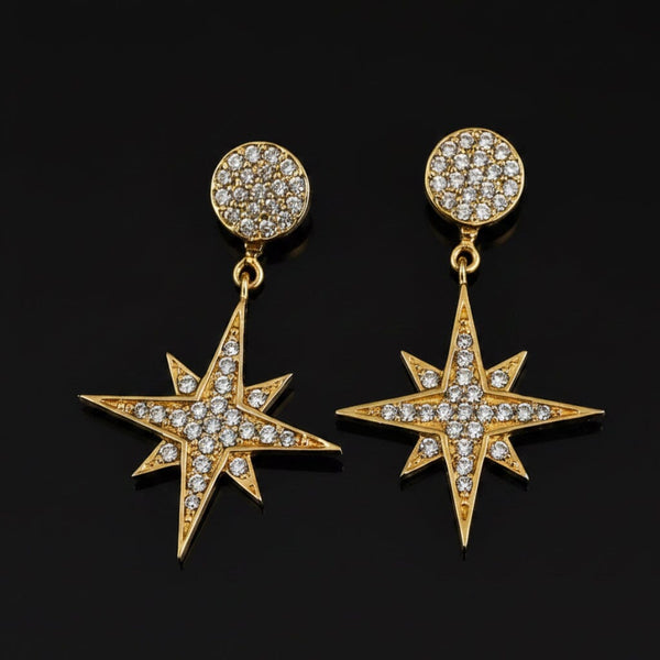 Vintage 14K Gold Diamond Star Dangle Drop Earrings