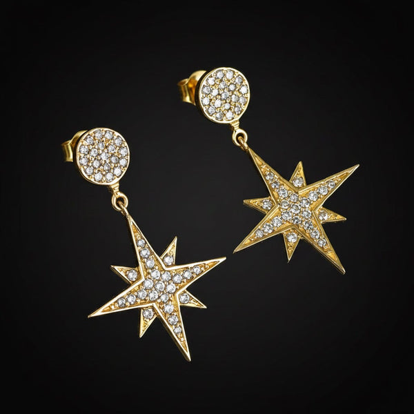 Vintage 14K Gold Diamond Star Dangle Drop Earrings
