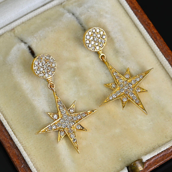 Vintage 14K Gold Diamond Star Dangle Drop Earrings