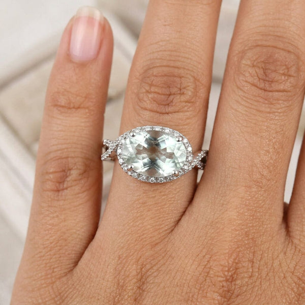 Vintage 14K White Gold Prasiolite Diamond Halo Infinity Ring