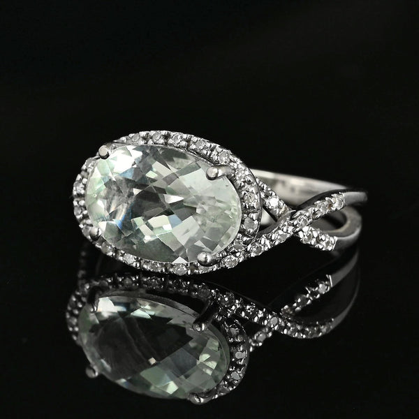 Vintage 14K White Gold Prasiolite Diamond Halo Infinity Ring