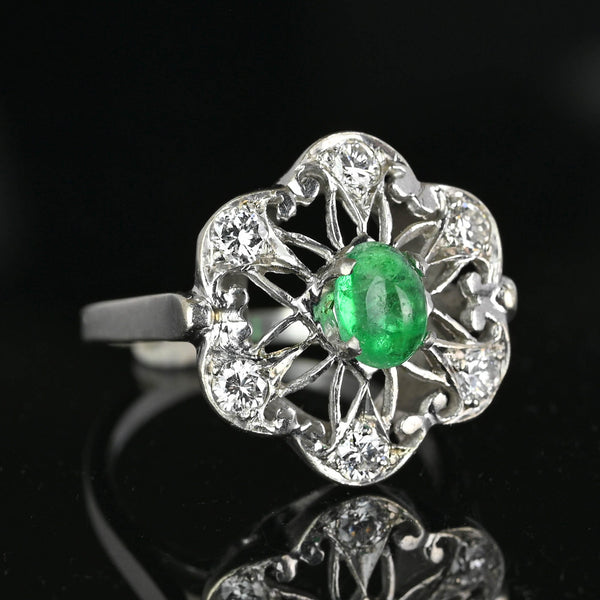 Art Deco 14K White Gold Emerald Cabochon Diamond Ring - Boylerpf