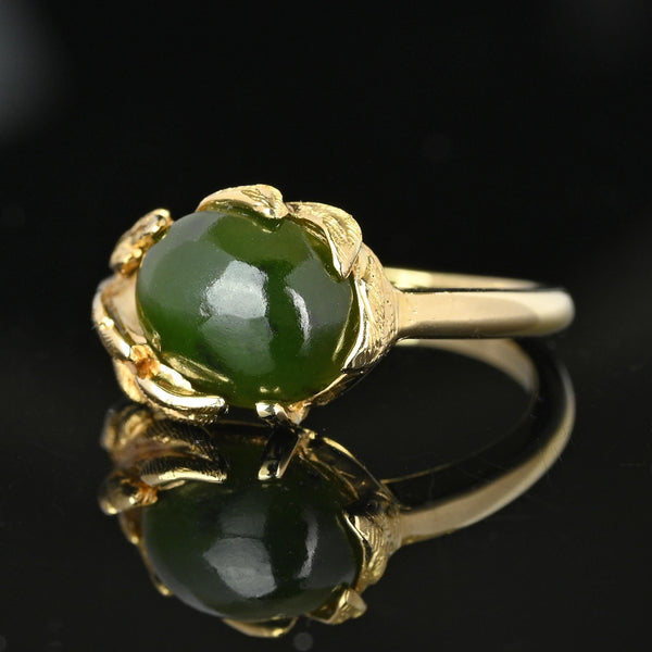 Vintage 14K Gold Leaf Accent Cabochon Jade Ring - Boylerpf