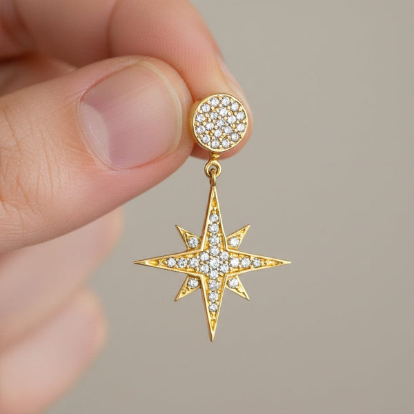 Vintage 14K Gold Diamond Star Dangle Drop Earrings