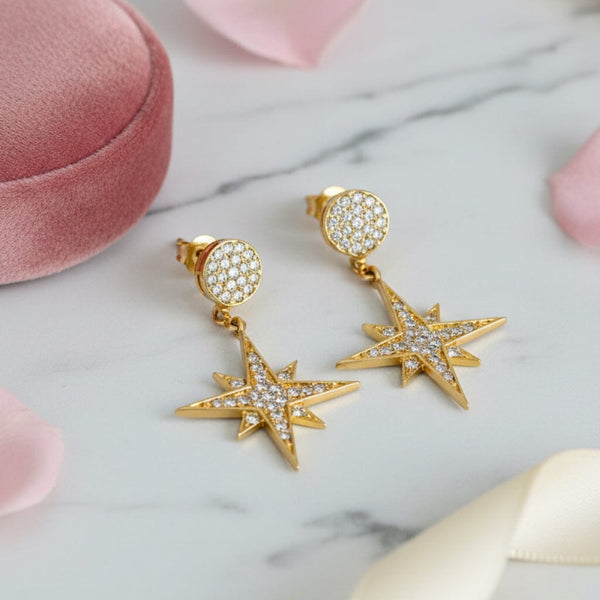 Vintage 14K Gold Diamond Star Dangle Drop Earrings