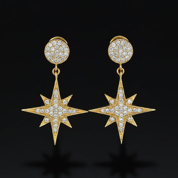 Vintage 14K Gold Diamond Star Dangle Drop Earrings