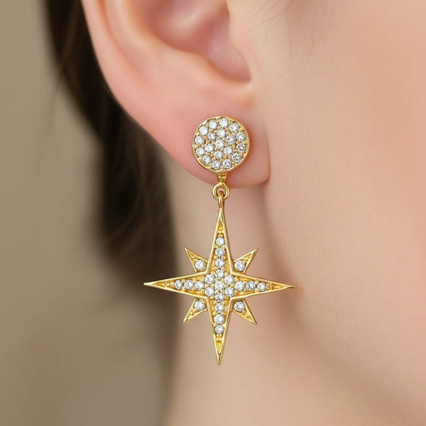 Vintage 14K Gold Diamond Star Dangle Drop Earrings
