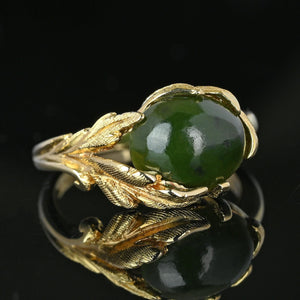 Vintage 14K Gold Leaf Accent Cabochon Jade Ring - Boylerpf