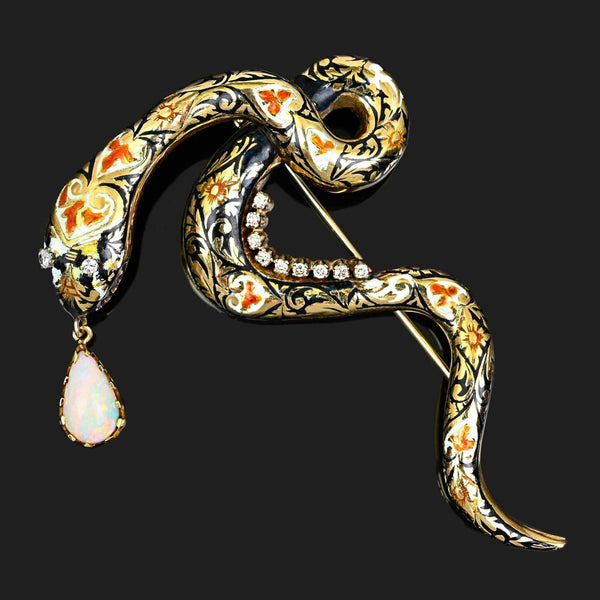 Vintage 14K Gold Snake Brooch Diamond Eyes Opal Enamel Pin - Boylerpf