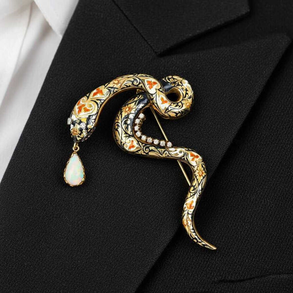 Vintage 14K Gold Snake Brooch Diamond Eyes Opal Enamel Pin - Boylerpf
