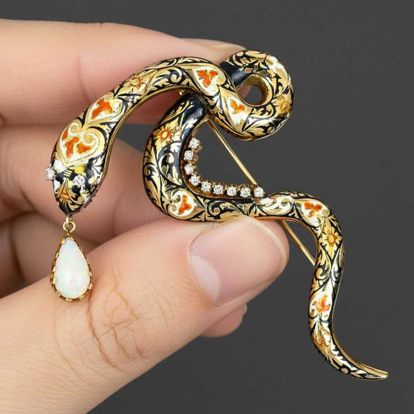 Vintage 14K Gold Snake Brooch Diamond Eyes Opal Enamel Pin - Boylerpf