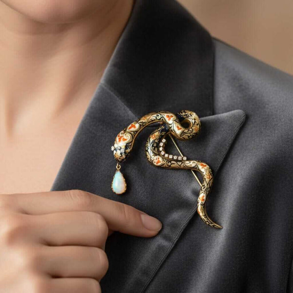 Vintage 14K Gold Snake Brooch Diamond Eyes Opal Enamel Pin - Boylerpf