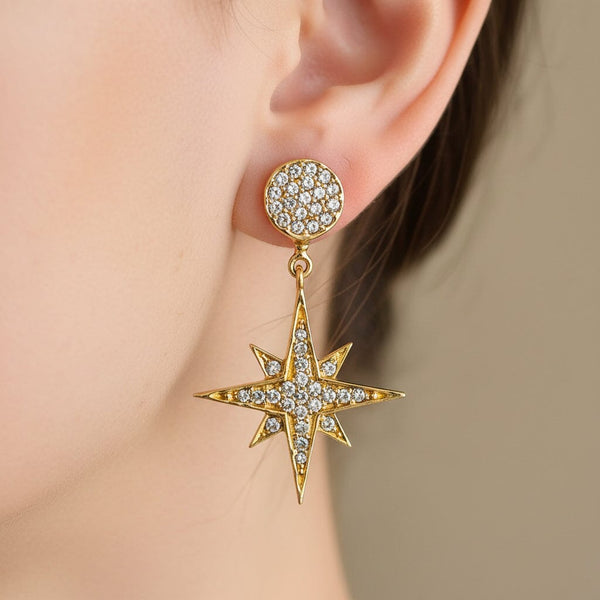 Vintage 14K Gold Diamond Star Dangle Drop Earrings