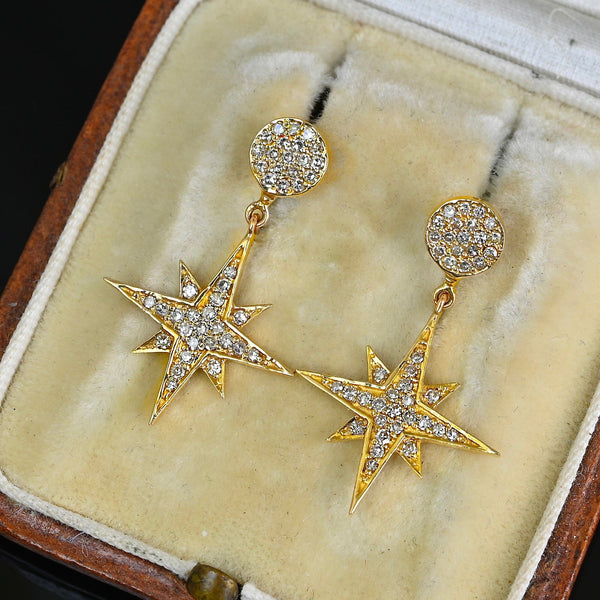 Vintage 14K Gold Diamond Star Dangle Drop Earrings