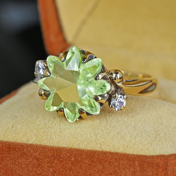 Retro Gold Floral Fancy Cut Green Spinel Ring, Sapphire Accents - Boylerpf