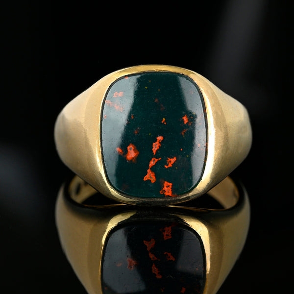 Antique Mens Bloodstone Signet Ring 10K Yellow Gold
