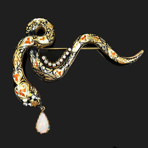 Vintage 14K Gold Snake Brooch Diamond Eyes Opal Enamel Pin - Boylerpf