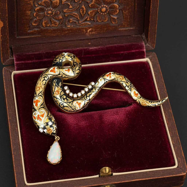 Vintage 14K Gold Snake Brooch Diamond Eyes Opal Enamel Pin - Boylerpf