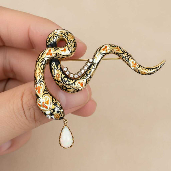 Vintage 14K Gold Snake Brooch Diamond Eyes Opal Enamel Pin - Boylerpf