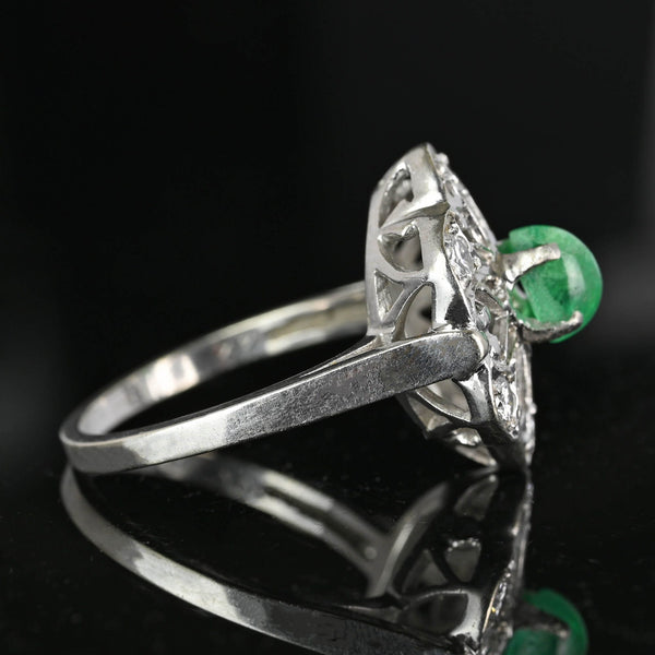 Art Deco 14K White Gold Emerald Cabochon Diamond Ring - Boylerpf