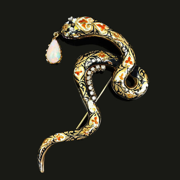 Vintage 14K Gold Snake Brooch Diamond Eyes Opal Enamel Pin - Boylerpf