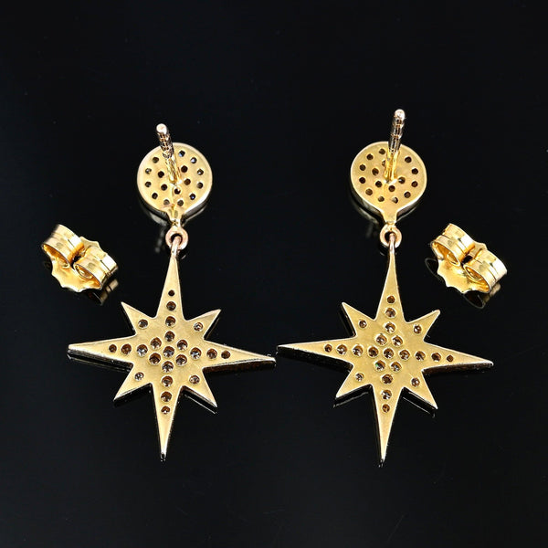 Vintage 14K Gold Diamond Star Dangle Drop Earrings