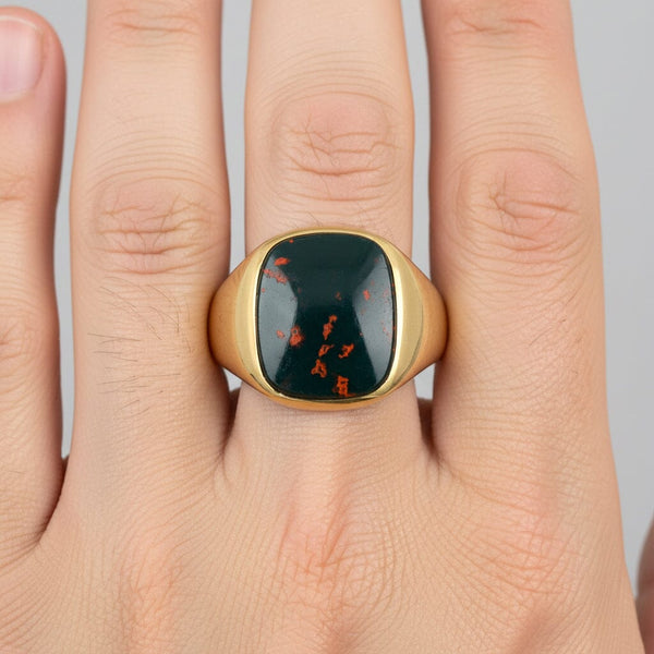 Antique Mens Bloodstone Signet Ring 10K Yellow Gold