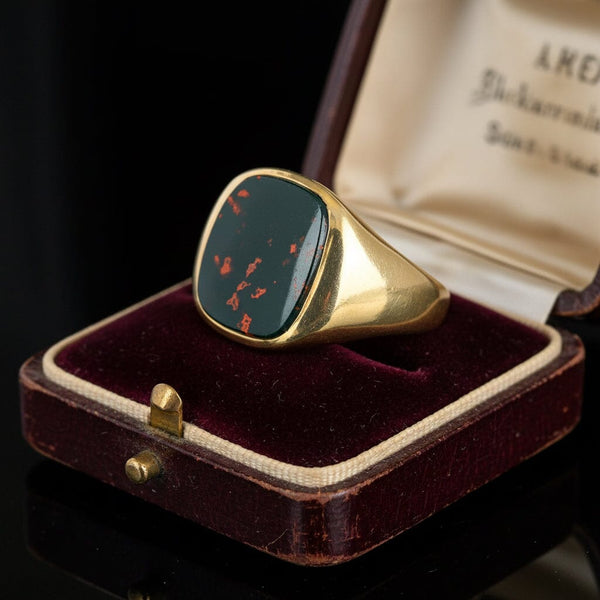 Antique Mens Bloodstone Signet Ring 10K Yellow Gold