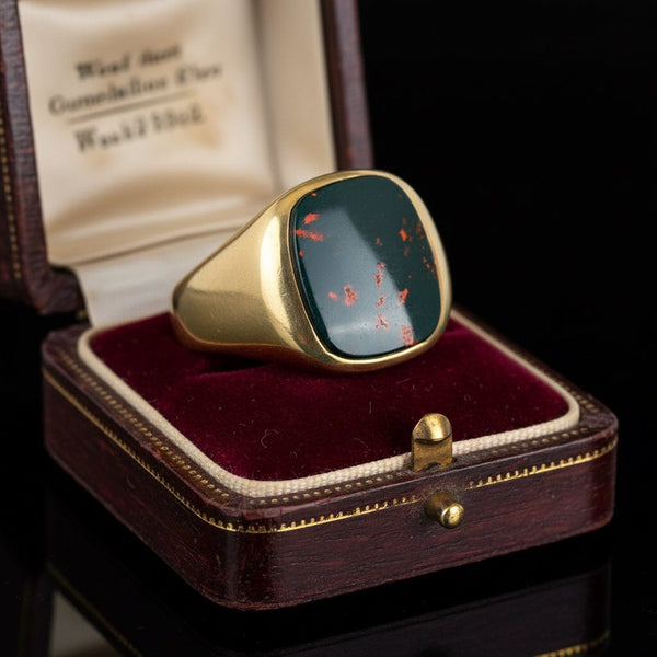 Antique Mens Bloodstone Signet Ring 10K Yellow Gold