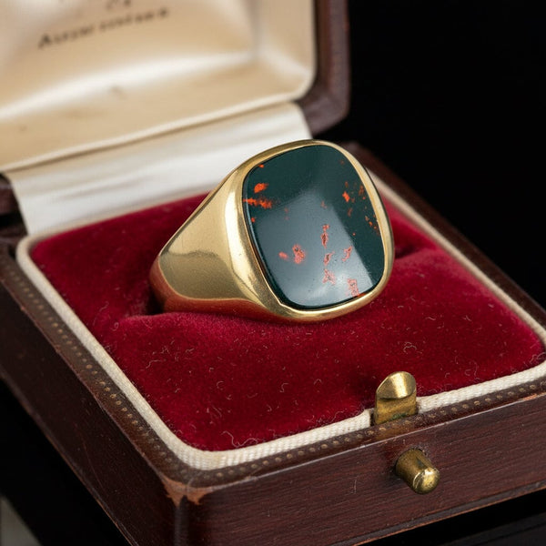 Antique Mens Bloodstone Signet Ring 10K Yellow Gold